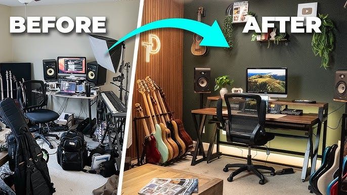 Före- och efterbild av ett hemmastudio- och replokalsprojekt.