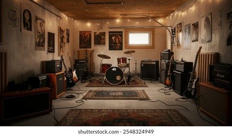 En inredd replokal i ett garage med trummor, gitarrer och förstärkare.